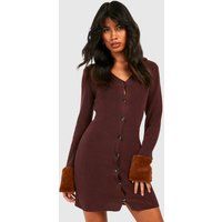 Womens Faux Fur Trim Rib Knit Collared Dress - Brown - S, Brown | Boohoo.com (UK & IE)