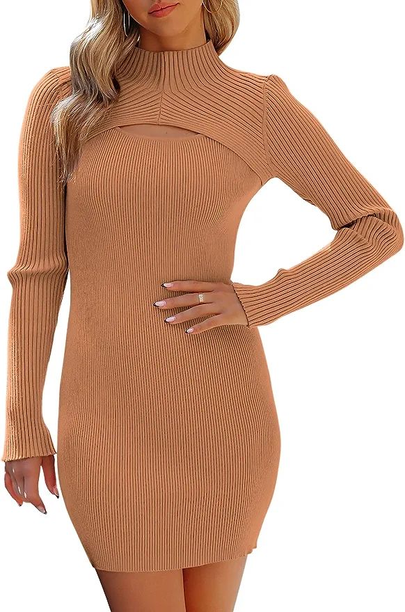 ANRABESS Women's Turtleneck Long Sleeve Cutout Sweater Dress Ribbed Knit Bodycon Mini Dress 567ho... | Amazon (US)