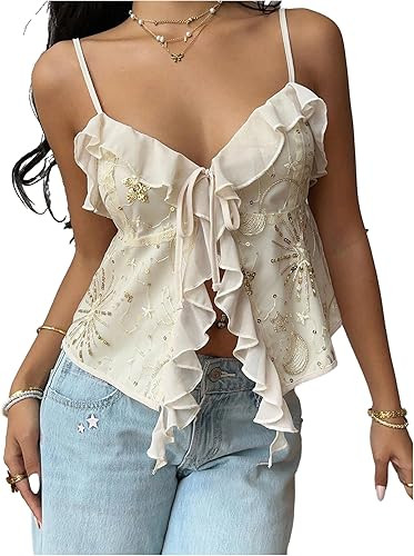 MakeMeChic Women's Y2k Sparkly Sequin Tops Going Out Tie Front Ruffle Tops Cute Summer Camisole | Amazon (US)