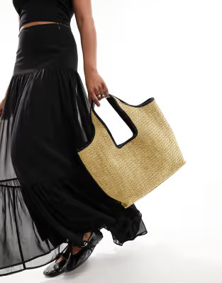 ASOS DESIGN straw tote bag with black tubular piping in natural | ASOS (Global)