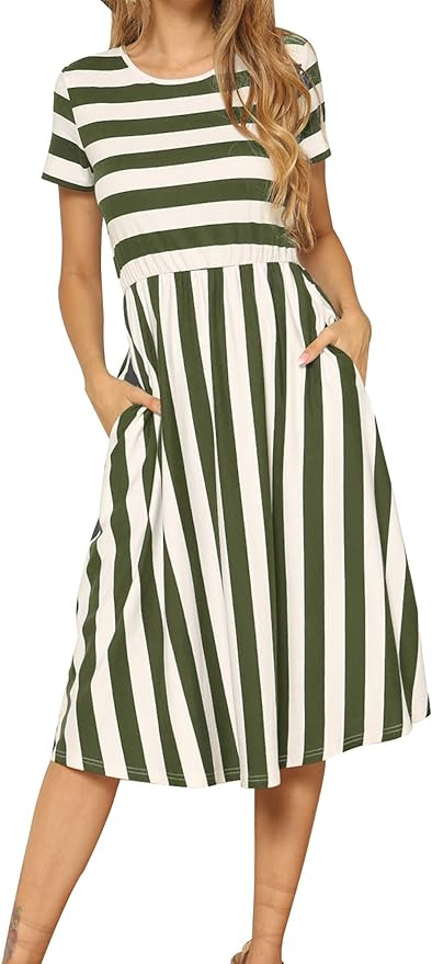levaca Women's Casual Short Sleeve Striped Swing Midi Dress with Pockets | Amazon (US)