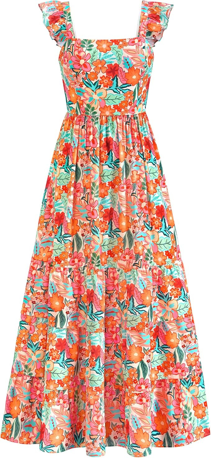 dowerme Summer Dresses for Women 2026 Casual Ruffle Smocked Tiered A-Line Boho Floral Maxi Beach ... | Amazon (US)