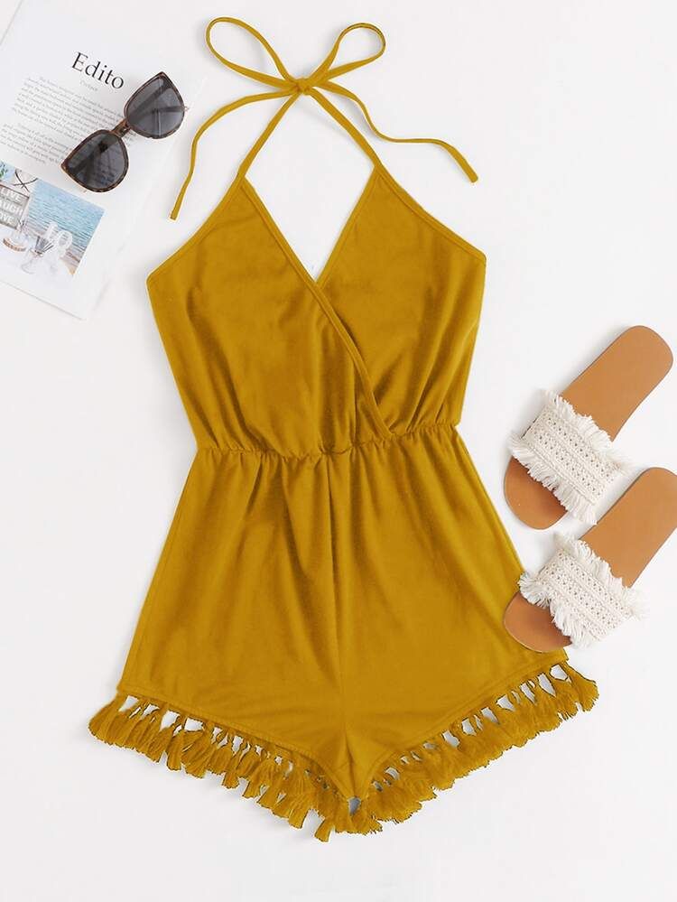 SHEIN Tie Back Tassel Hem Halter Romper | SHEIN