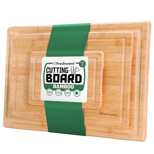 Freshware Wood Cutting Boards for Kitchen - Bamboo Cutting Board Set of 3, Cutting Boards with Juice Grooves, Serving Board Set, Chopping Board for Meat, Veggie, Easy Grip Handle (9x6", 12x8", 15x10") | Amazon (US)