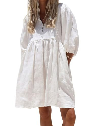 chouyatou Women's Summer Puff Sleeve Cotton Tunic Dress V-Neck Mini Vacation Babydoll Dress (XX-Large, White) | Amazon (US)