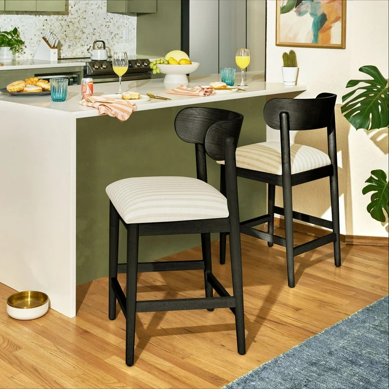Beautiful Drew Counter-Height Stools by Drew Barrymore, Rich Black Finish with Striped Fabric, 2 ... | Walmart (US)
