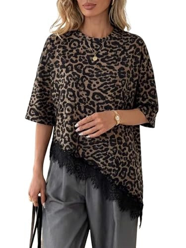 Women's Lace Patchwork Short Sleeve T-Shirt, Casual Daily Wear Summer Going Out Vacation Tops Streetwear Tee Leopard | Amazon (US)
