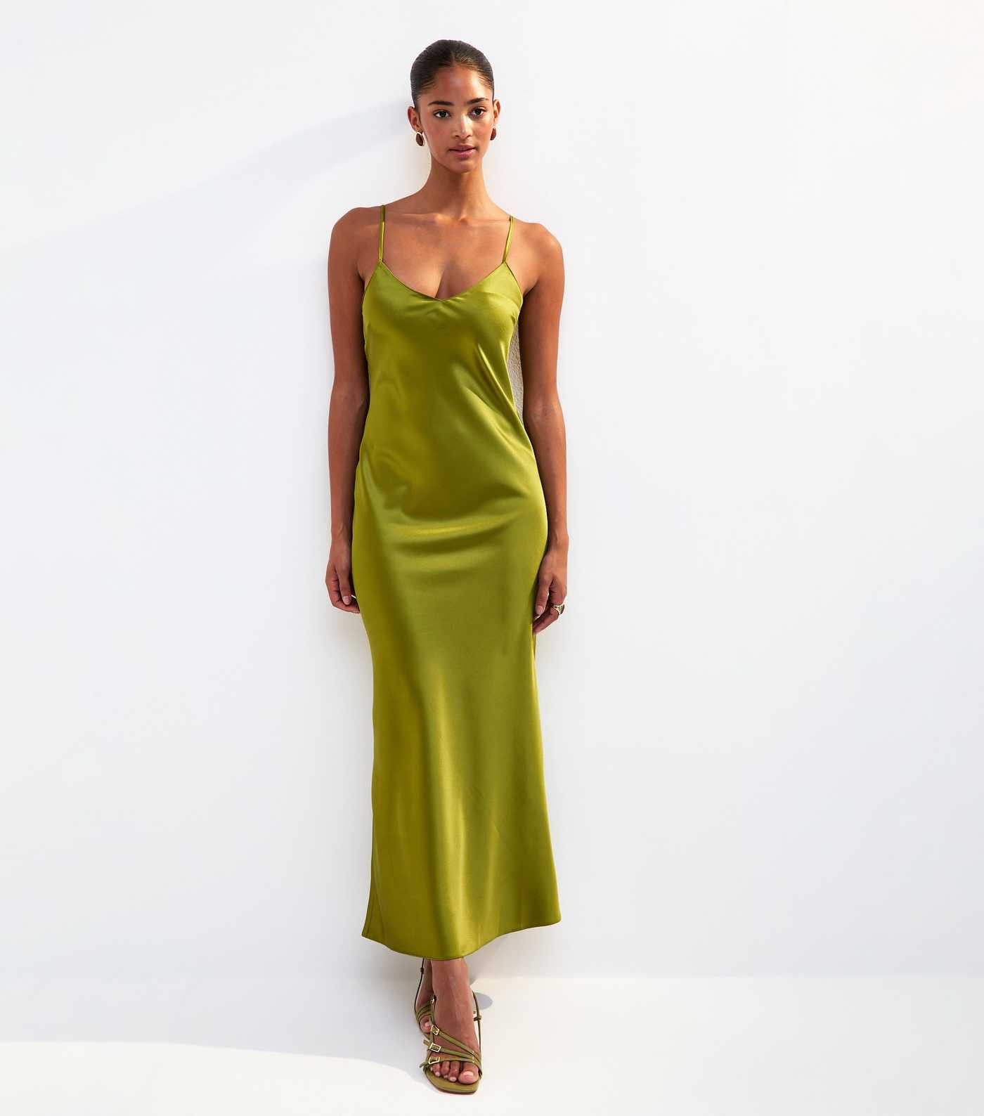 Olive Satin Twist Back Slip Midi Dress | New Look | New Look (UK)