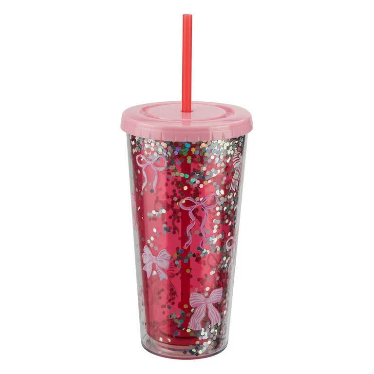 Sparkle Bows Plastic Tumbler with Straw and Lid, Pink and Red, 24 oz, Valentine's Day by Way To C... | Walmart (US)