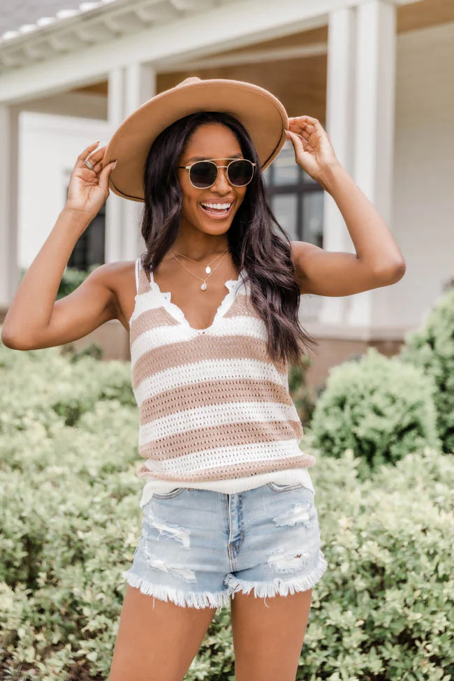 Modern Love Story Striped V-Neck Beige Tank Sweater | Pink Lily