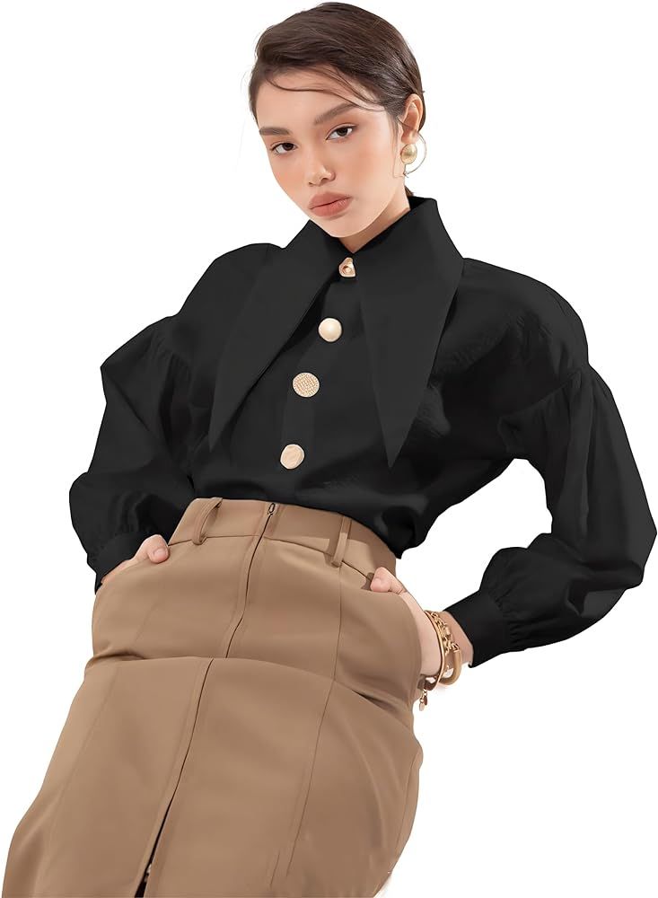Big Pointed Collar Linen Blouse Cotton Poplin Women Shirt with Long Bishop Sleeves | Amazon (US)