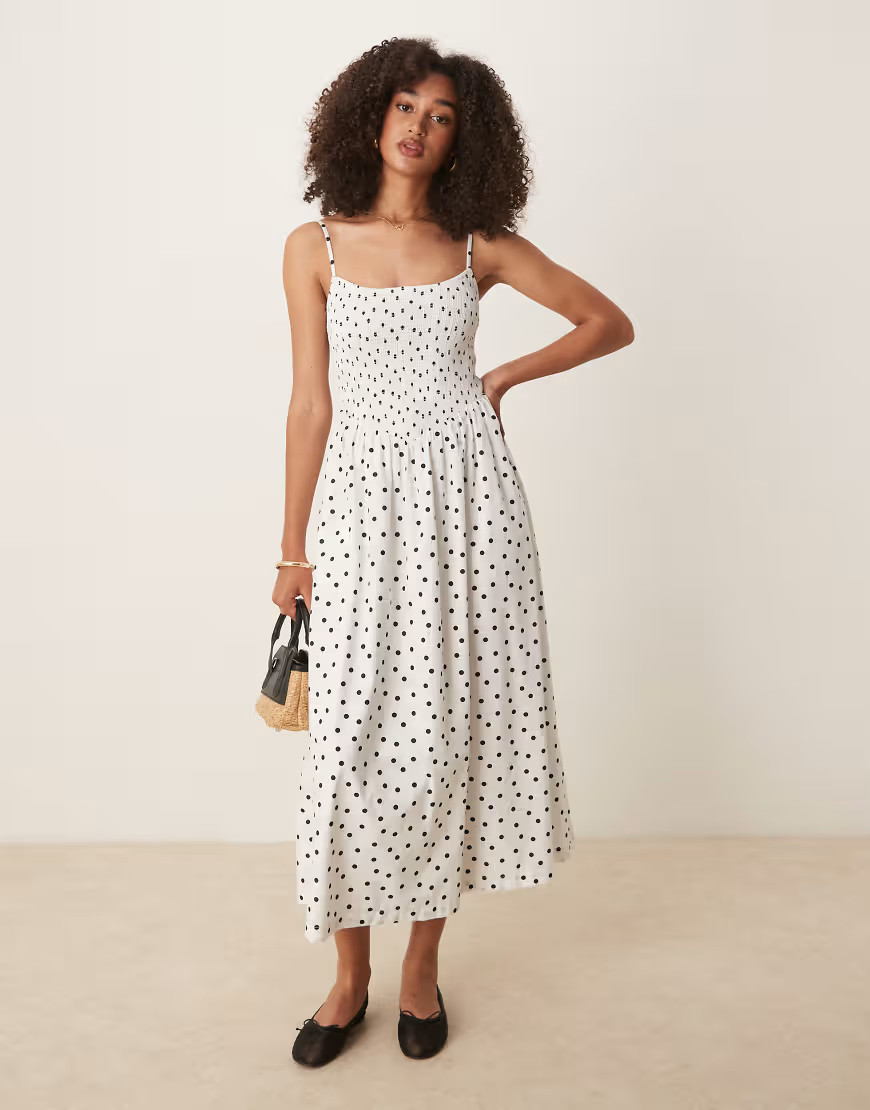 Abercrombie & Fitch dipped waist smocked poplin midi dress in polka dot-Blue | ASOS (Global)