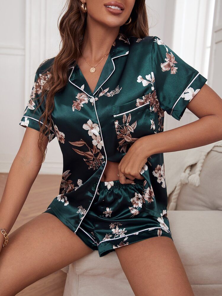 Floral Print Contrast Piping Satin PJ Set | SHEIN