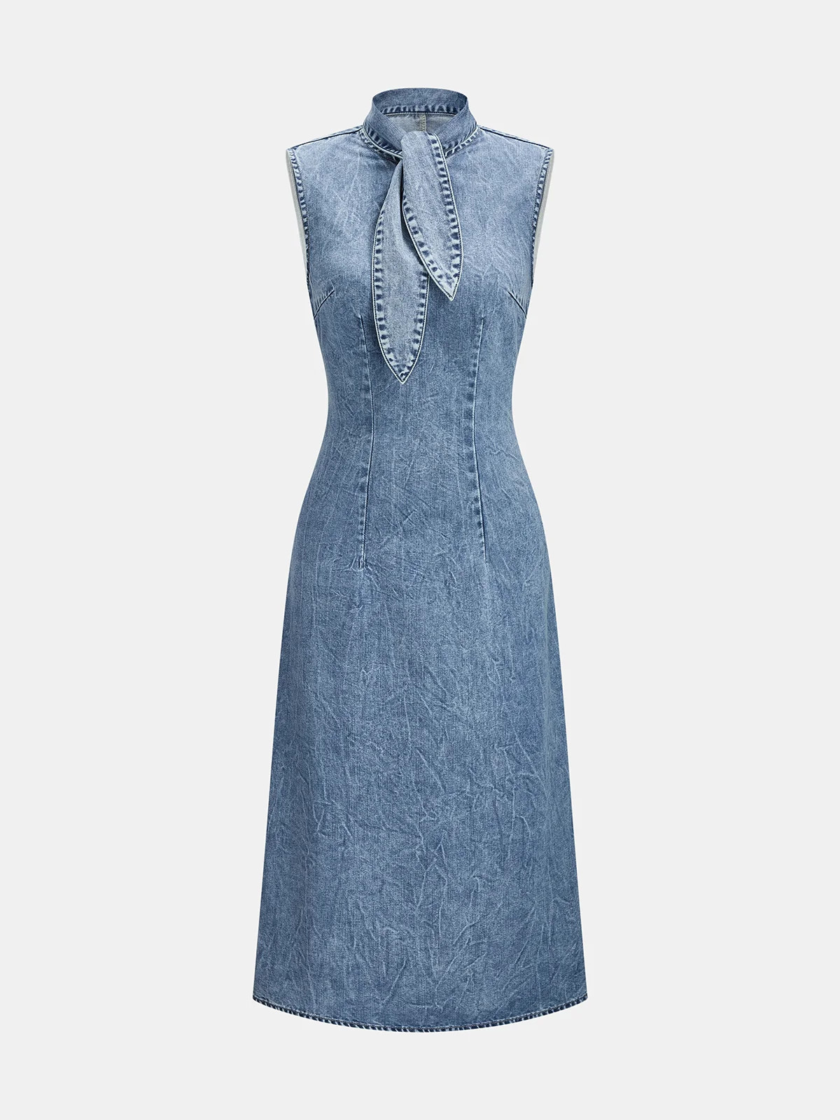 Denim Tie-Neck Midi Dress | Commense