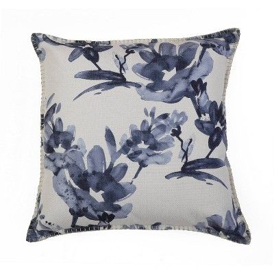 Gracee Floral Printed Pillow with Contrast Gold Whipstitch Blue - Decor Therapy | Target