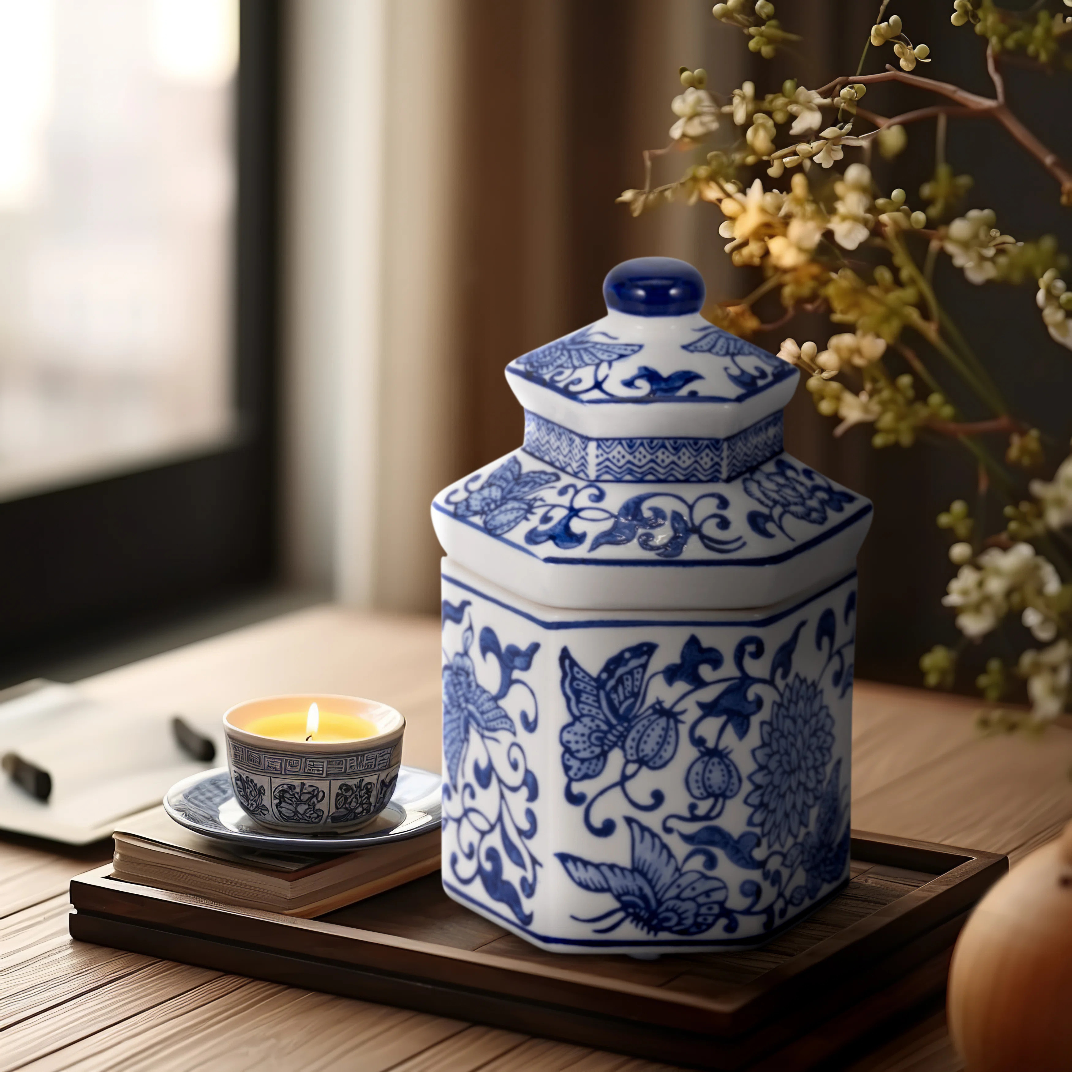 Chinoiserie Hexagonal Ceramic Candle Jar with Lid - 7" Blue & White Stoneware Decorative Accent f... | Wayfair North America