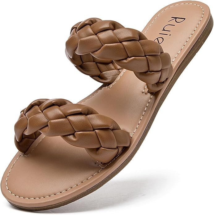 Women's Flat Slides Sandals, Summer Slippers Comfortable Braided Strap Round Open Toe Casual Beac... | Amazon (US)