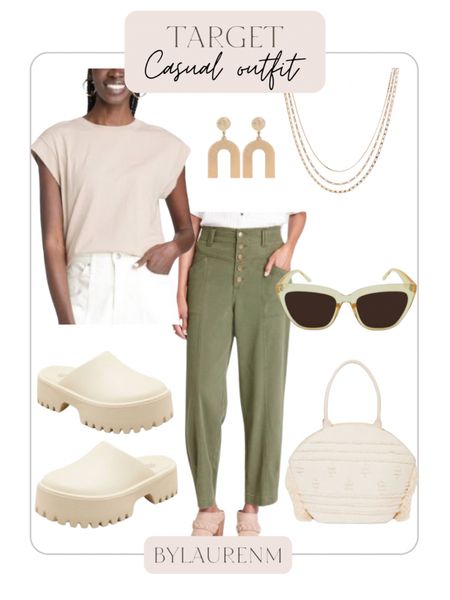 Target spring outfit! Casual vacation outfit, spring break. Top-selling tapered pants in 3 colors. Size down. Shoulder tee fits tts. Lugsole clog, woven tote bag, geometric earrings, layered necklaces. 

#LTKshoecrush #LTKunder100 #LTKunder50