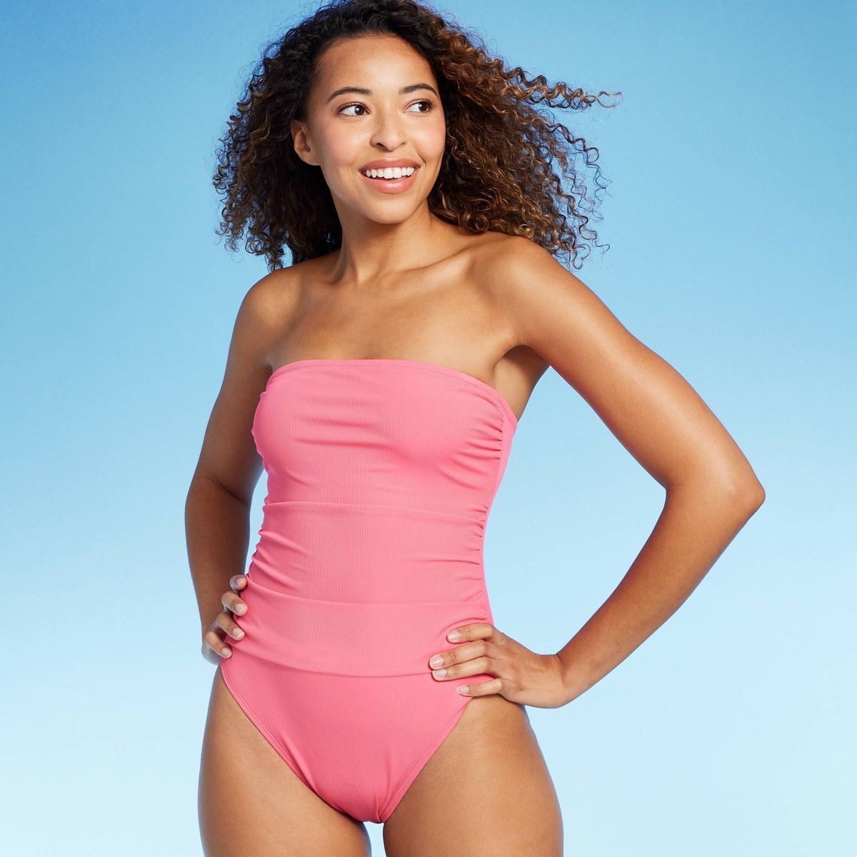 Women's Shirred Ribbed Bandeau Cheeky One Piece Swimsuit - Shade & Shore™ Pink M | Target