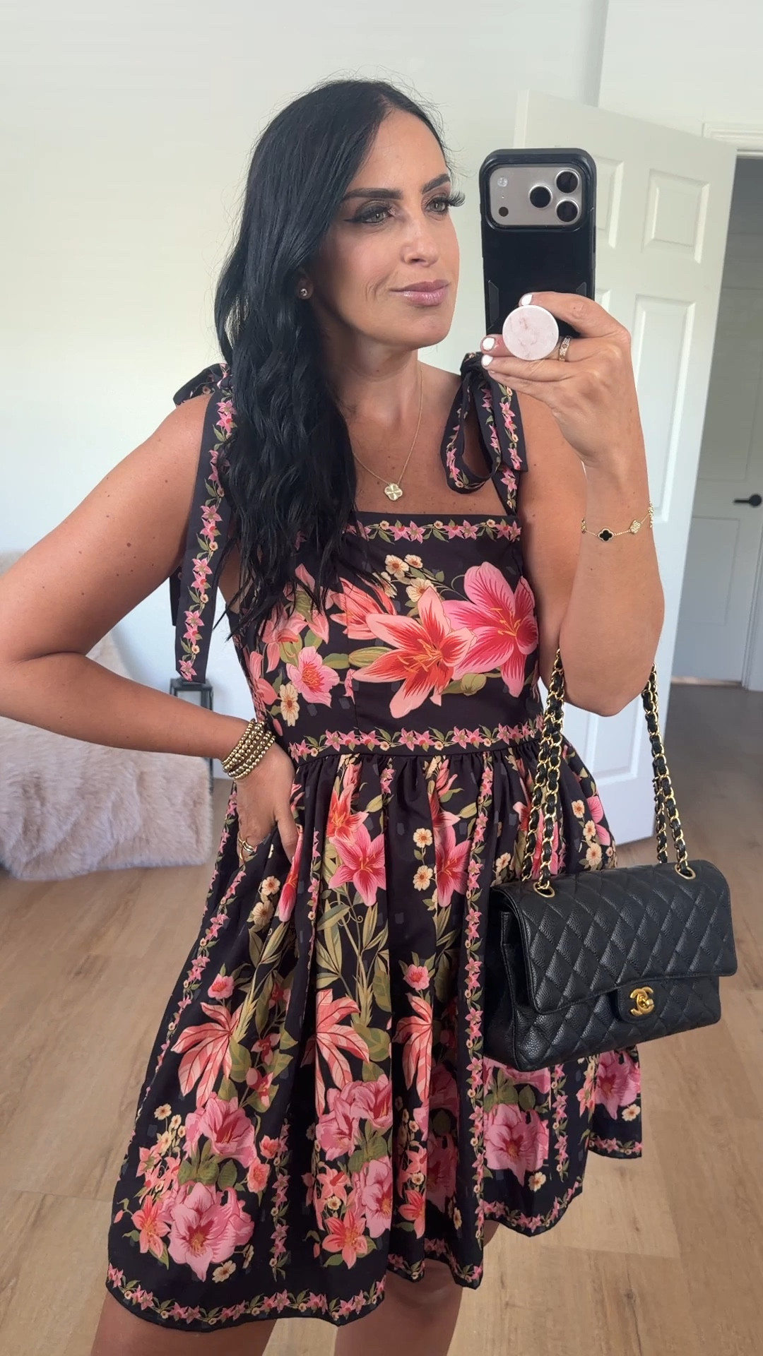 Women’s floral boho tie summer dress from Amazon wearing size small. Looks like farm Rio. Comes in over 8 colors 