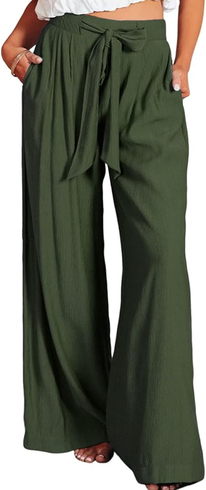 Dokotoo Casual Wide Leg Pants for Women Back Elastic Waist Tie Pants with Pockets | Amazon (US)