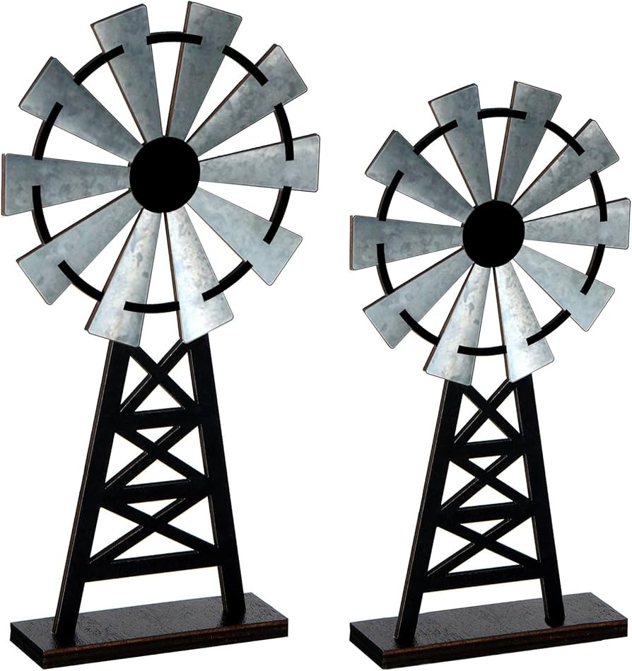 Set of 2 Wooden Farmhouse Windmill Table Top Decor Wood Small Distressed Black Grey Rustic Windmi... | Amazon (US)