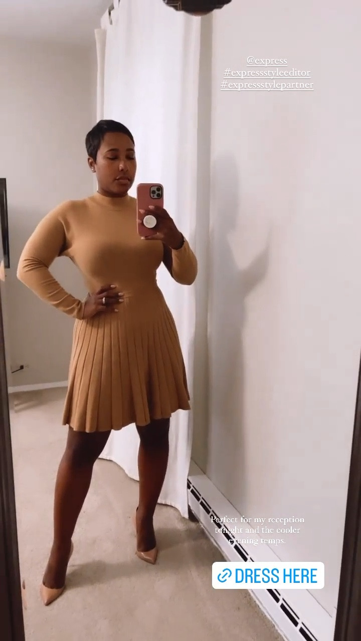 Tan sweater dress nude heels 

#LTKsalealert #LTKSeasonal