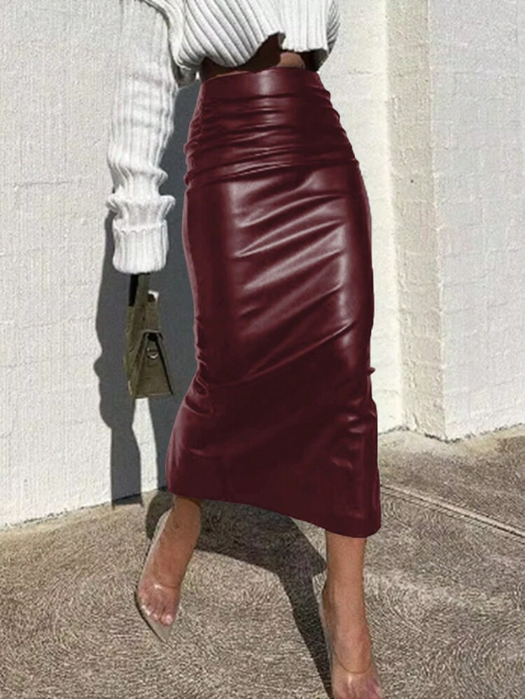 Mobula Sound#Sexy Music Festival Fashionable Casual Fitted PU Mid-Length Skirt For Women, Spring/... | SHEIN