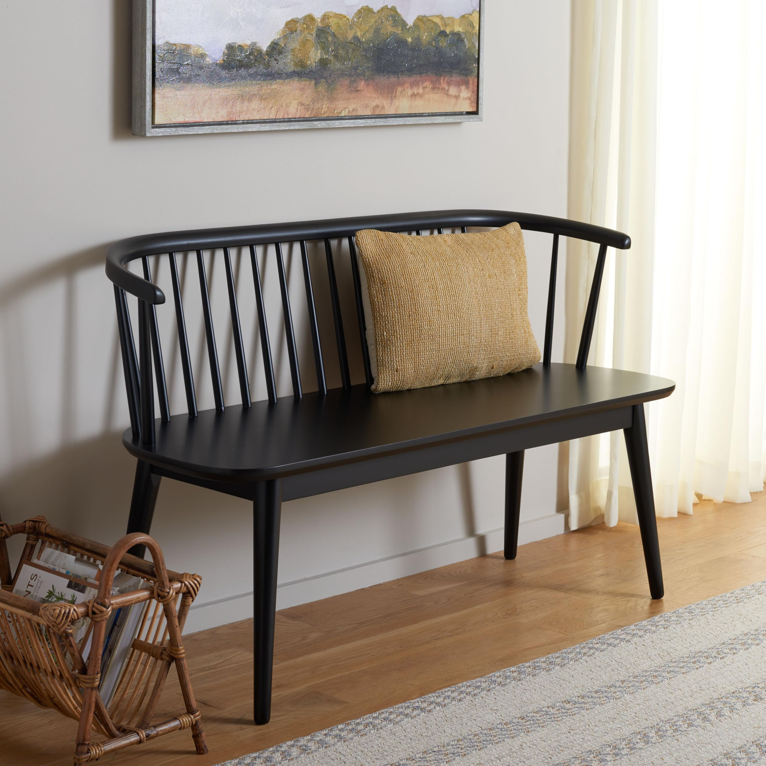 SAFAVIEH Home Collection Blanchard Farmhouse Matte Black Solid Wood Windsor Spindle Bench | Amazon (US)