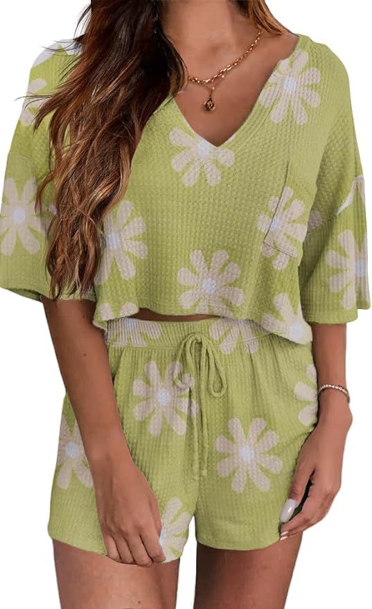 Ekouaer Women Pajama Sets Waffle Knit Lounge Sets Short Sleeves Crop Top 2 Piece Pj Shorts Set | Amazon (US)