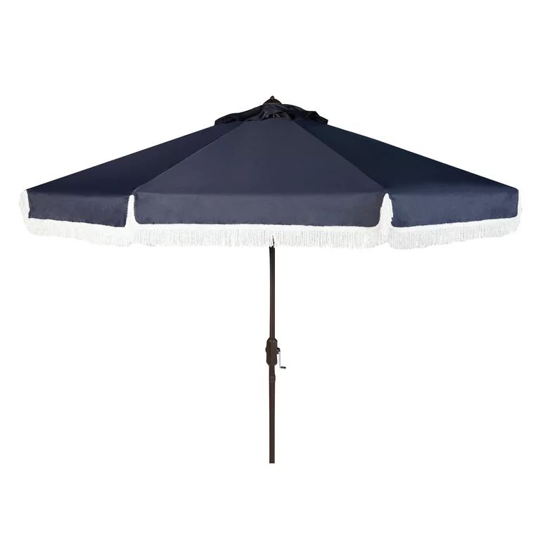 SAFAVIEH Outdoor Collection Milan Fringe 9-Foot Tilt Umbrella Navy/White | Walmart (US)