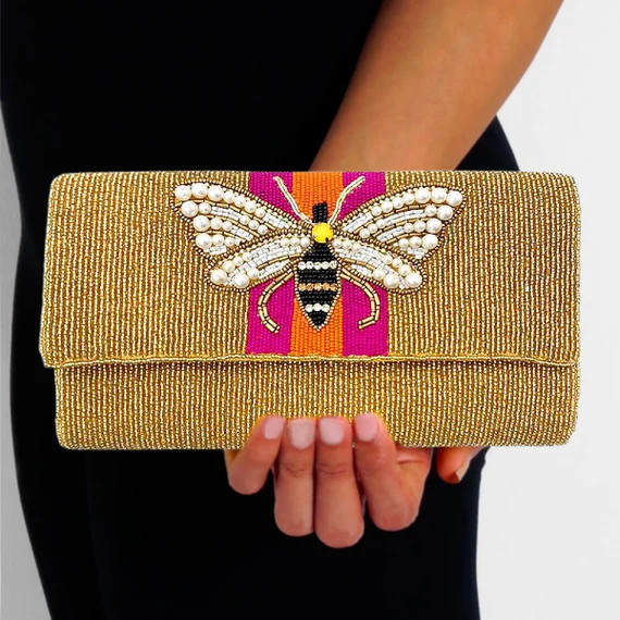 Gold Bee Pearl Winged Striped Beaded Crossbody Chain Clutch | Etsy | Etsy (US)