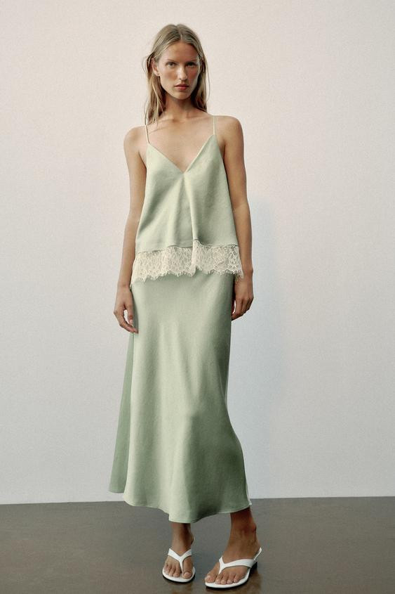 Zara - Lace-Trimmed Satin Midi Slip Dress - Light Khaki - Xl - Woman | Zara US