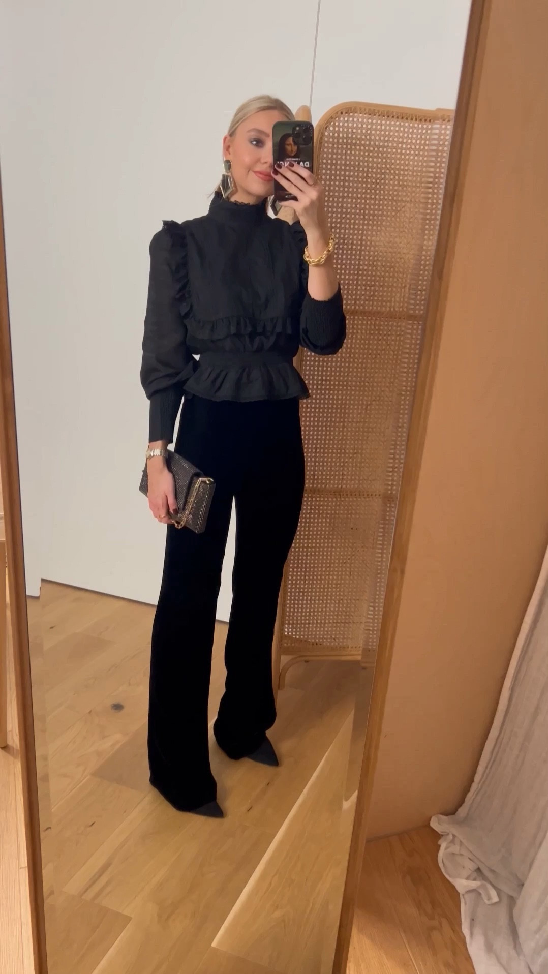 Autumn winter style, autumn winter fashion, outfit inspiration, Aw22, dressed up, Partywear, christmas party outfit, occasion wear, all black outfit, velvet trousers, black blouse, Cult Gaia bag, gold jewellery, black heels 

#LTKHoliday #LTKstyletip #LTKSeasonal