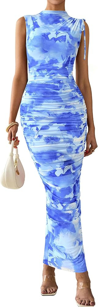 PRETTYGARDEN Women's Summer Maxi Floral Dresses Ruched Bodycon Sleeveless Mesh Formal Wedding Gue... | Amazon (US)