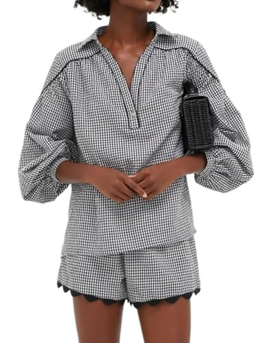 KCVVA Women's Gingham Set 2 Piece Casual Elegance Round Neck Puff Short Sleeve Summer Scalloped Hem Matching Outfit | Amazon (US)