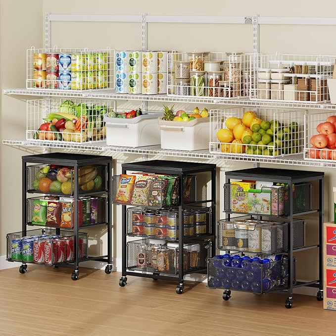 Pantry Organizer and Storage Cart, 3-Tier Kitchen Storage Cart with Drawer, Fruit Vegetable Stora... | Amazon (US)