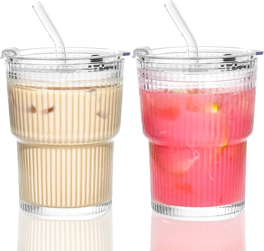 13 oz Glass Cups with Lids and Straws Ribbed Drinking Glasses Cup Leak Proof Clear Iced Coffee Gl... | Amazon (US)