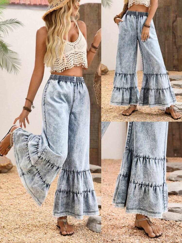 Breezaya Women's Casual Elastic Waist Pockets Loose Wide Leg Jeans | SHEIN