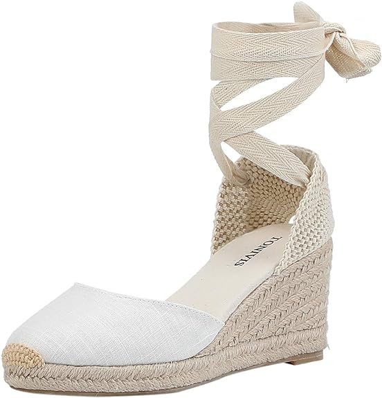 TONIVIS Women’s Platform Wedges Espadrilles, 3" Wedge, Soft Ankle-Tie Strap, Closed Toe, Classi... | Amazon (US)