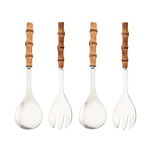 Uniturcky Serving Spoon and Fork Set, 304 Stainless Steel Serving Utensils with Natural Bamboo Handle, 10" Long Handle Serving Set for Kitchen Party Buffet, 4 Pieces / 2 of Each | Amazon (US)