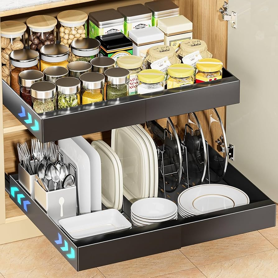 Amazon.com: OVICAR Expandable Cabinet Organizer Drawer - Pull Out Cabinet Drawers Adhesive Slide ... | Amazon (US)