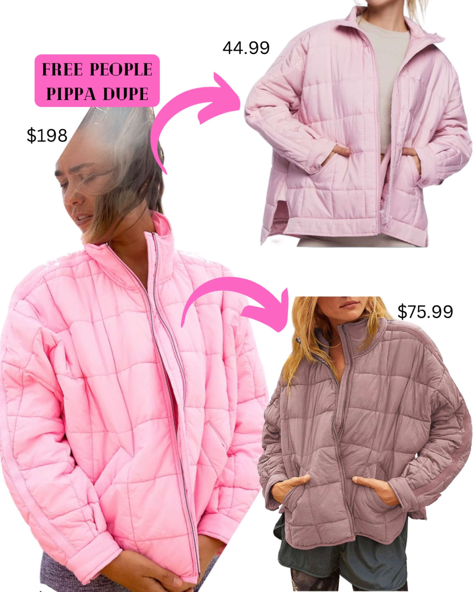 Free people pippa jacket dupe! Forever 21 and Amazon dupes for a fraction of the price. #dupe #freepeopledupe #jacket #pufferjacket 