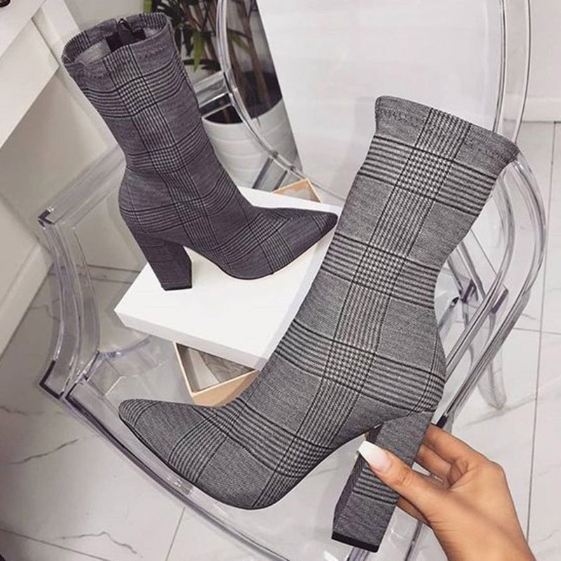 Plaid Chunky Heel Pointed Toe Side Zipper Cotton Ankle Boots | TBDress.com