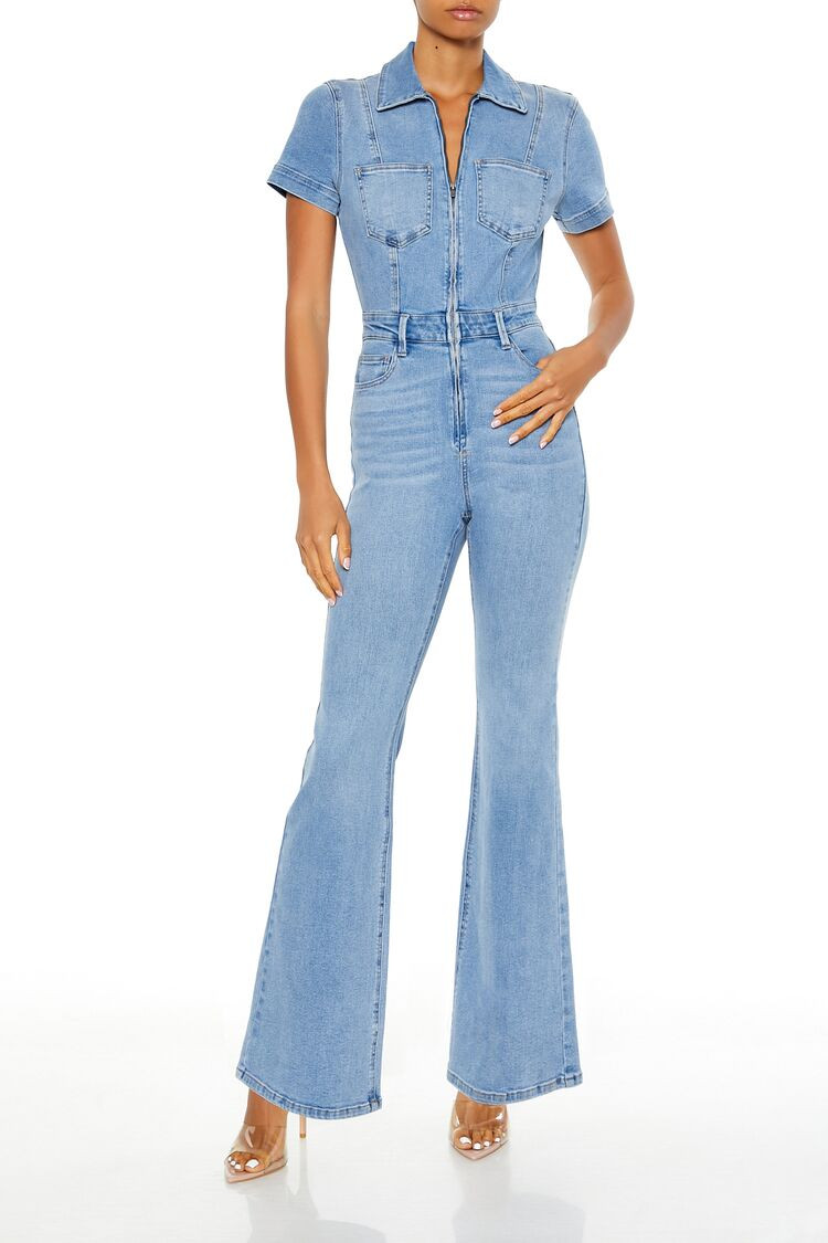 Women's Denim Zip-Up Flare Jumpsuit in Medium Denim | Forever 21