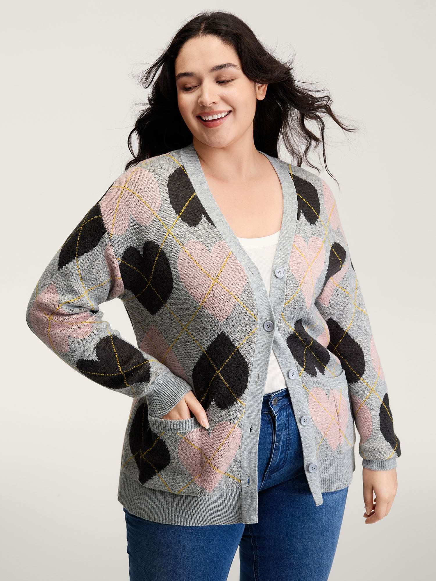 Cozy Hearts Jacquard Pattern Pockets Knit Cardigan | Bloomchic