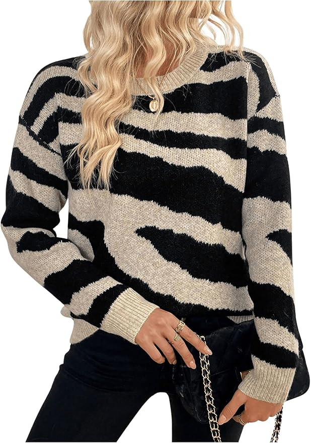 Milumia Women's Zebra Print Crewneck Long Sleeve Sweater Trendy Casual Knitwear | Amazon (US)