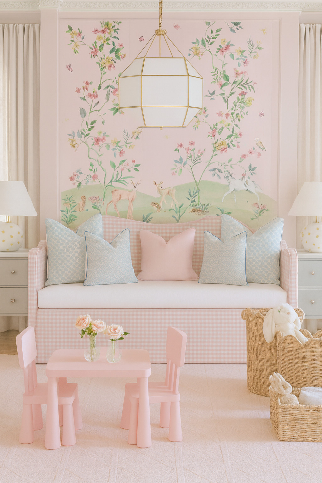 🌸 Whimsical Girl’s Bedroom Design 🌸
A fairytale-inspired space full of soft pastels, vintage charm, and magical details — perfect for little dreamers ✨🦌🌿

This room is all about:
✔️ Storybook wallpaper with deer, florals + butterflies
✔️ Pink gingham daybed layered with mix-and-match pillows
✔️ Kid-sized play table for tea parties + crafts
✔️ Woven storage baskets for toys, stuffed animals + blankets
✔️ Gold + white lighting for a soft, enchanted glow

Everything is linked on LTK so you can shop the full look or pick your favorite pieces to recreate the magic at home.

💗 Save this for kids’ room inspiration
🛍️ Shop the look on LTK — River & Vine Design
✨ Follow for more nursery ideas, girl’s bedroom decor, and whimsical design finds

girls bedroom decor, whimsical kids room, pink gingham bed, floral wallpaper, kids playroom ideas, pastel bedroom design, cottage core kids room, toy storage baskets, toddler room inspiration 

 #LTKHome #LTKKids