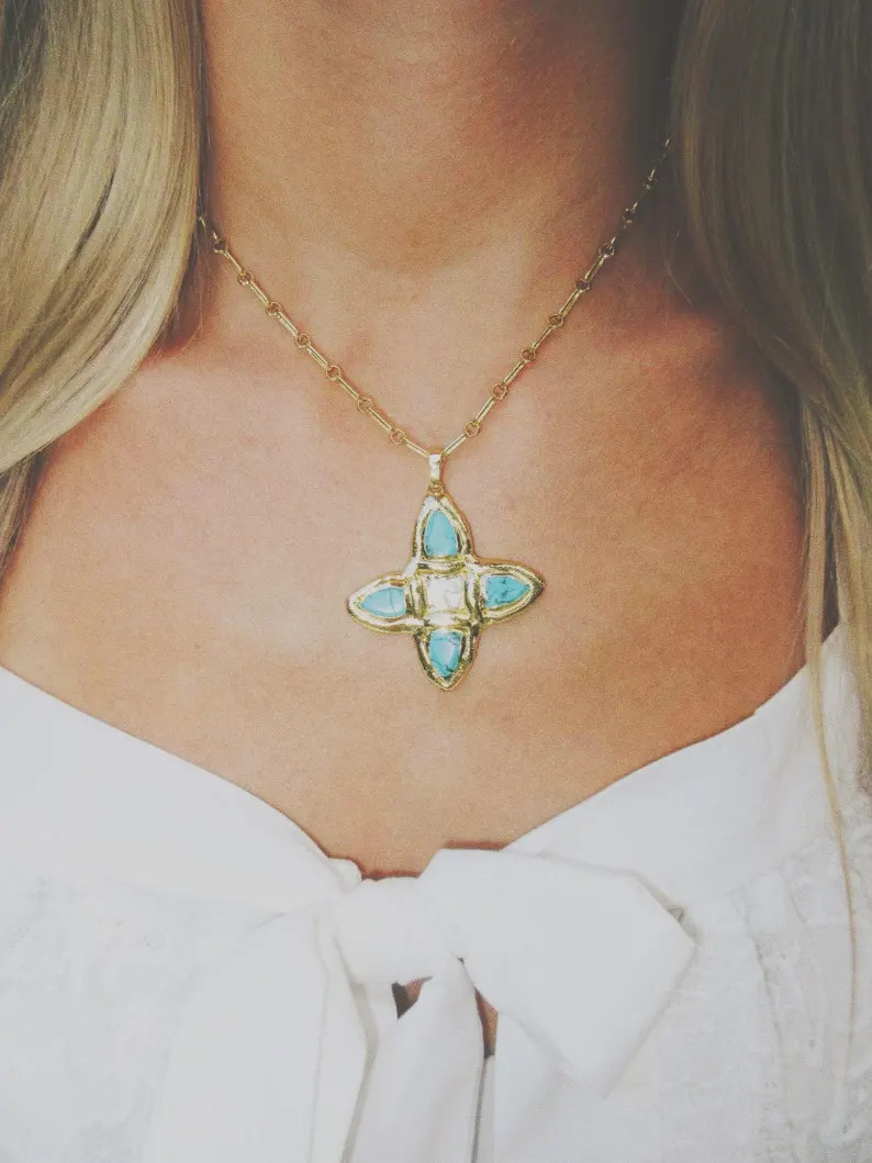 Rayna Turquoise and Pearl Cross Necklace- 18k Gold Filled Paperclip Chain Link Chain with Large S... | Etsy (Global)