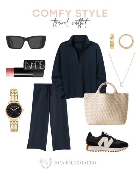 Look stylish and comfortable when traveling in this navy blue lounge set! Pair it with New Balance 327 sneakers, neutral woven tote bag, sunglasses, and more!
#outfitinspo #travelwardrobe #casuallook #petitefashion #airportoutfit

#LTKSeasonal #LTKShoeCrush #LTKStyleTip